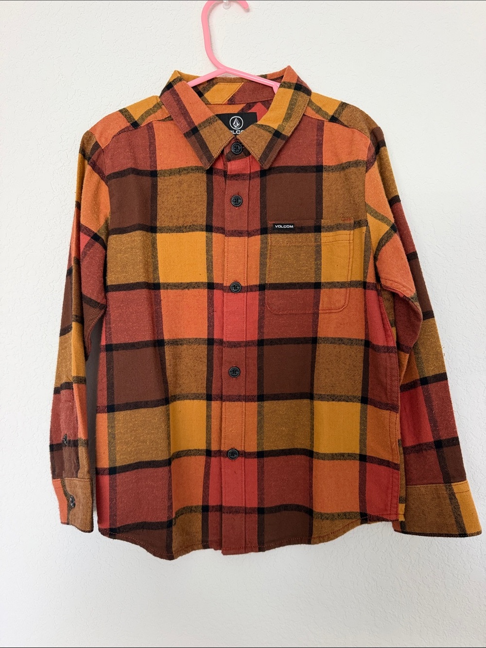 Volcom Men's Rust Orange and Mustard Plaid Button-Down Shirt